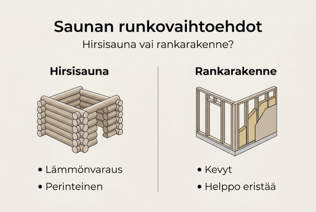Kuvallinen katsaus erilaisiin saunan runkorakenteisiin