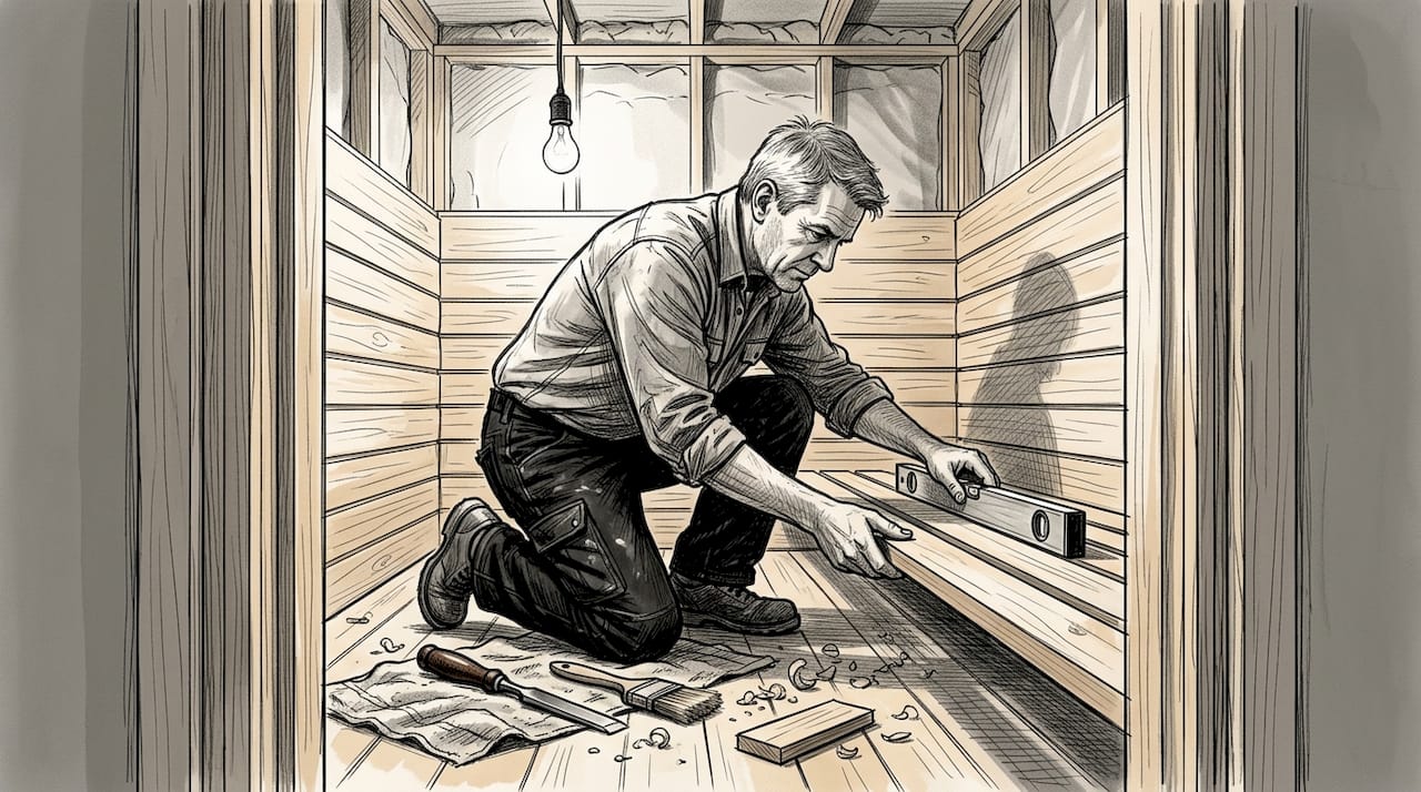 Puuseppä rakentaa saunan lauteita ja paneloi seiniä.