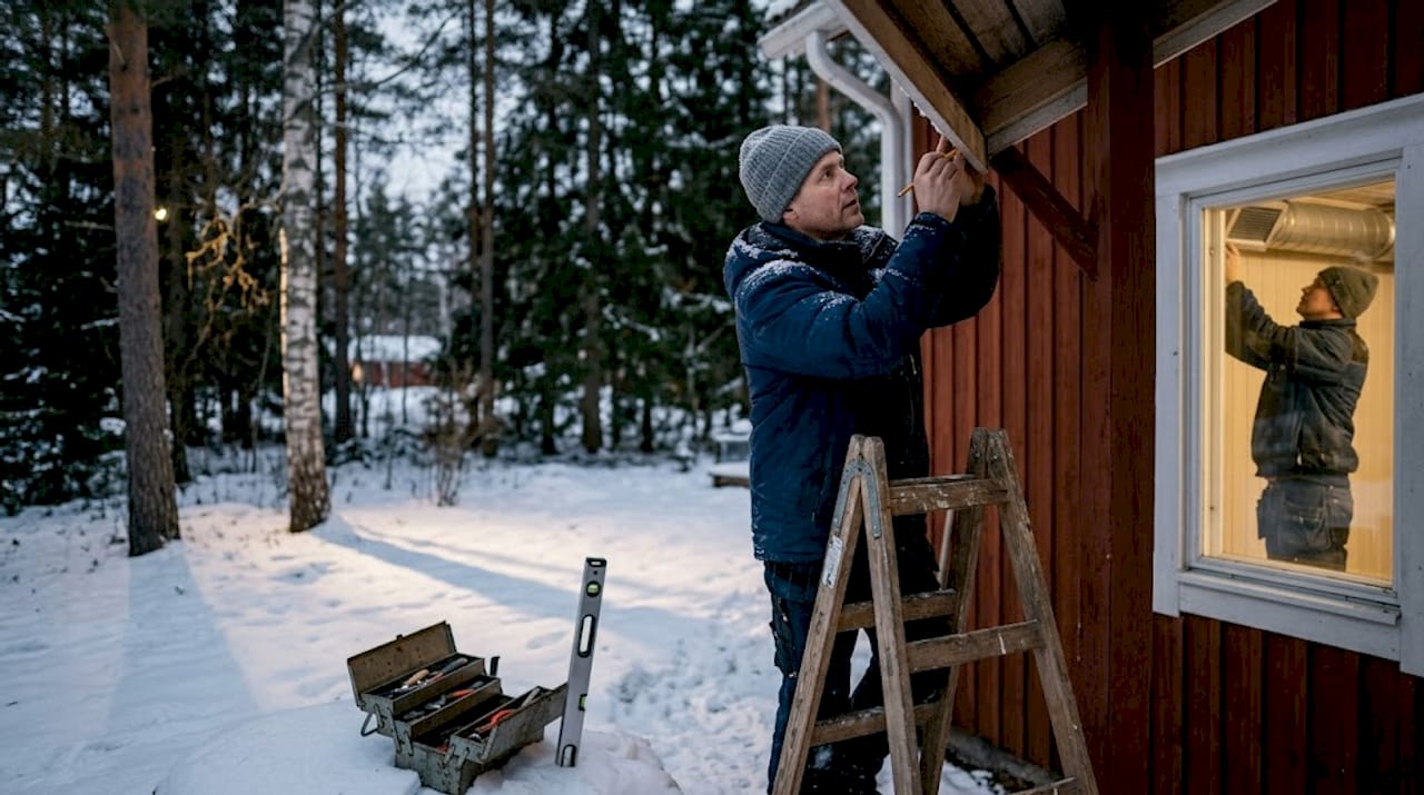 Im Winter überprüft ein Handwerker das Dach eines Holzhauses auf Schäden und Sicherheit.