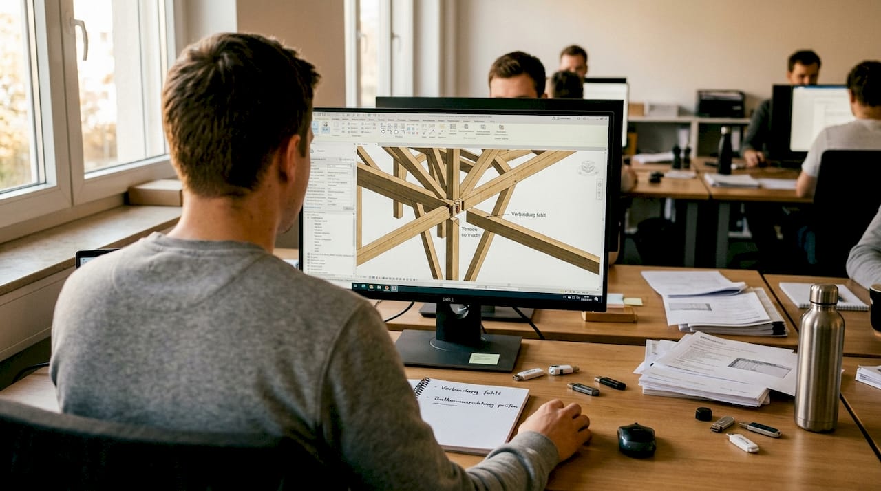 Ein Ingenieur prüft das BIM-Modell für den Holzbau auf Herz und Nieren.