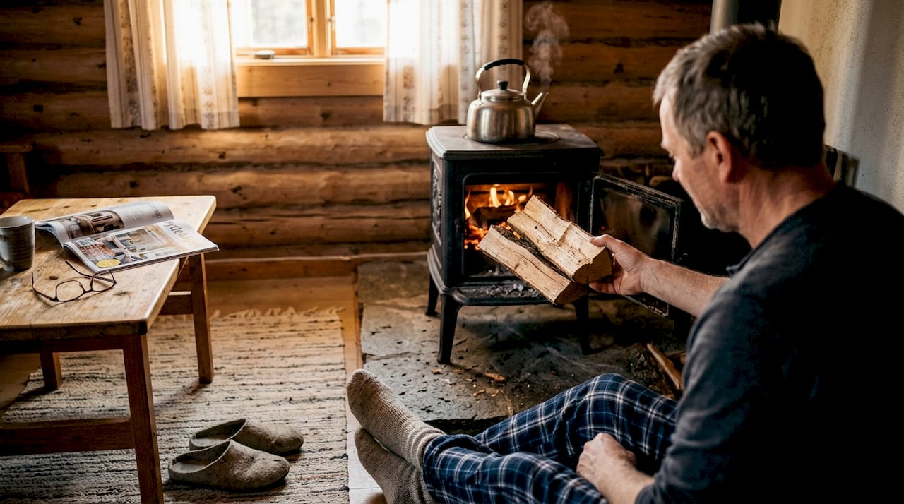 En mann legger ved i ovnen på hytta.