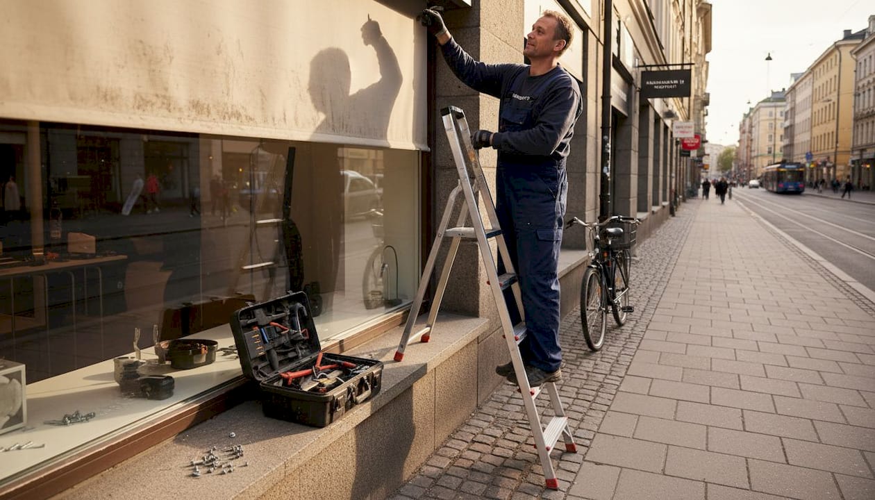Huoltoteknikko säätämässä ulkopuolisia aurinkosuojia ikkunoihin.