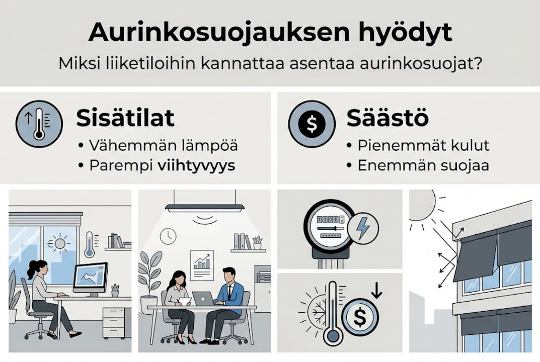 Infografiikka: Miksi aurinkosuojaus on tärkeää liiketiloissa?