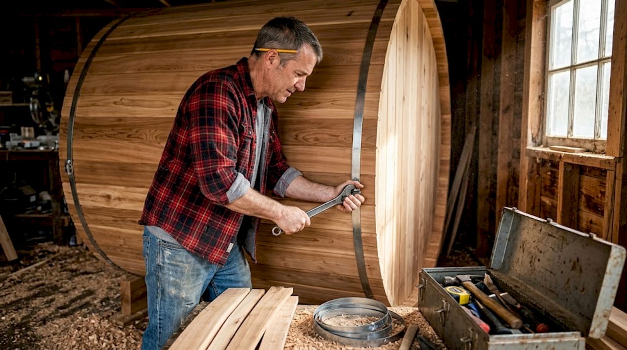 Craftsman building outdoor barrel sauna