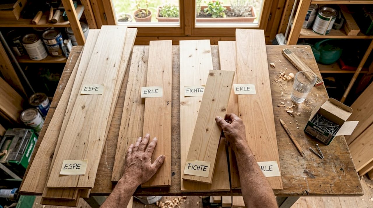 Ein erfahrener Handwerker wählt sorgfältig die passenden Holzarten für Saunabänke aus.