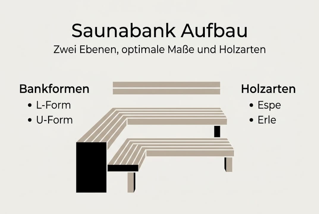 Infografik: Aufbau einer Saunabank – Formen und Holzarten im Überblick