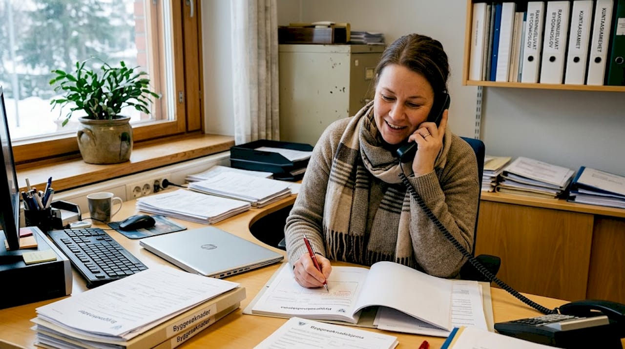 En byggesaksbehandler sitter ved pulten og tar en telefon.