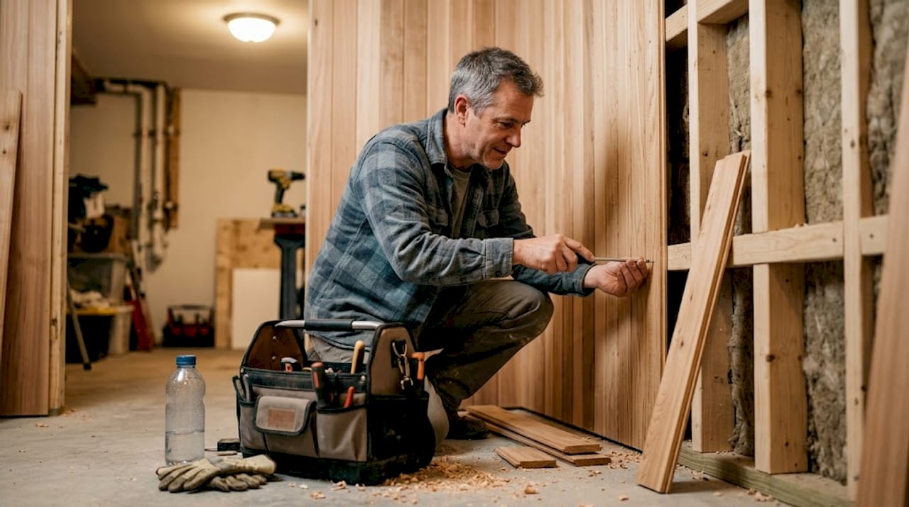 Ein erfahrener Handwerker verkleidet die Saunawand mit edlem Zedernholz und sorgt so für ein besonderes Ambiente.