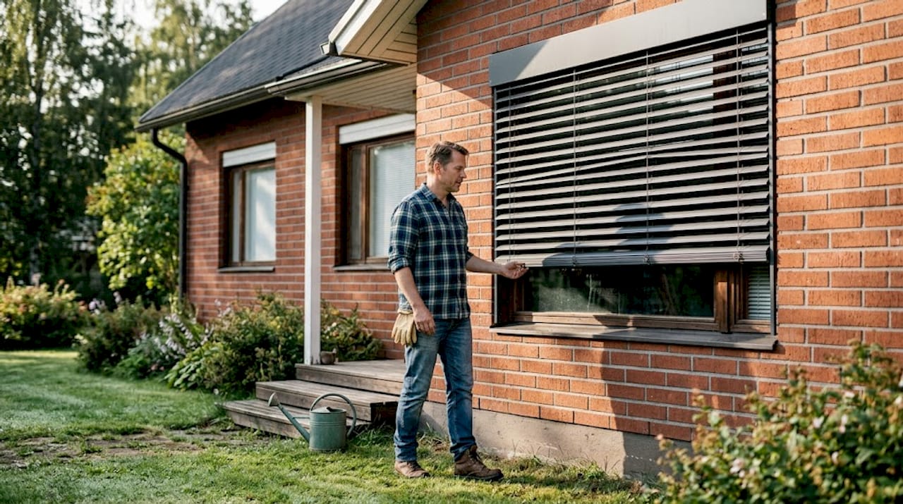 Mies tarkistaa ulkona talon ikkunoiden sälekaihtimia.