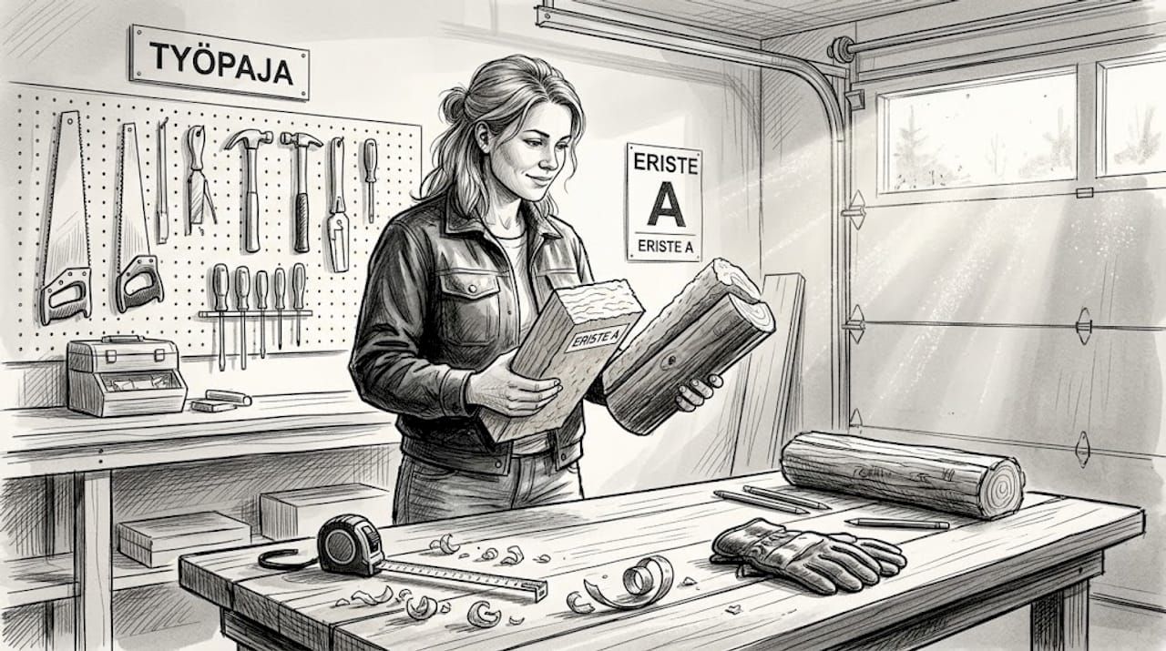 Asiantuntija vertailee hirsitalojen eristemateriaaleja käytännön näytteiden avulla.