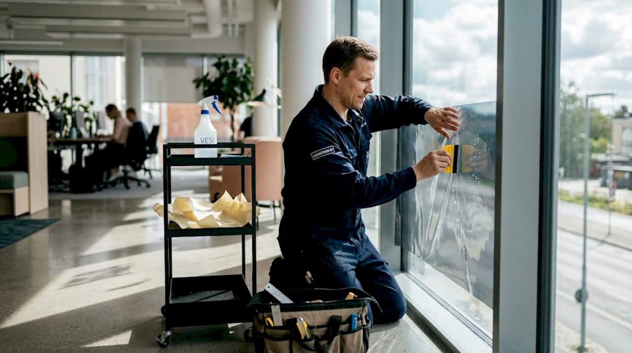 Asentaja kiinnittää ikkunakalvoa toimistotilan ikkunoihin.