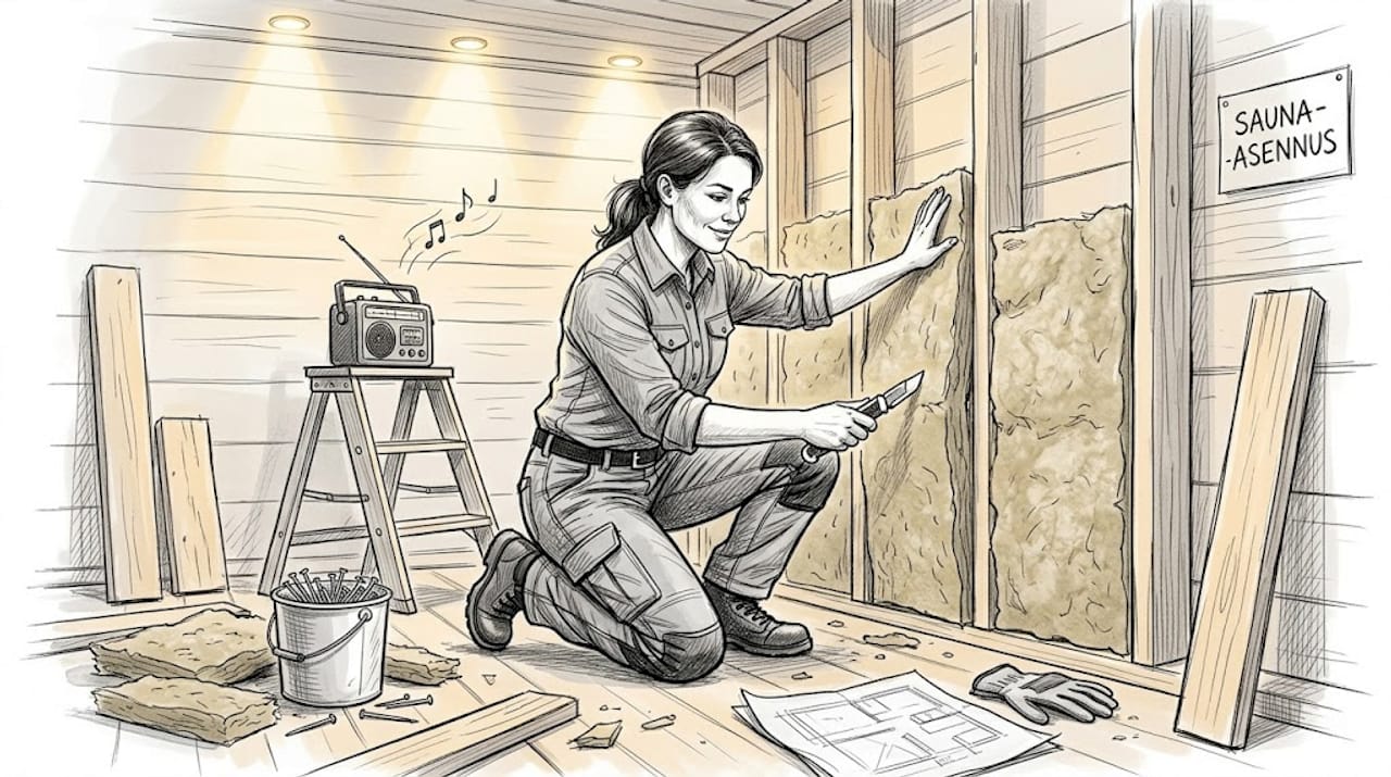 Saunan seinään asennetaan parhaillaan eristettä.