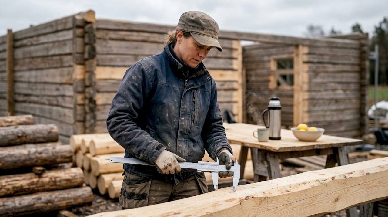 En byggnadsarbetare står och mäter en grov timmerstock på byggarbetsplatsen.