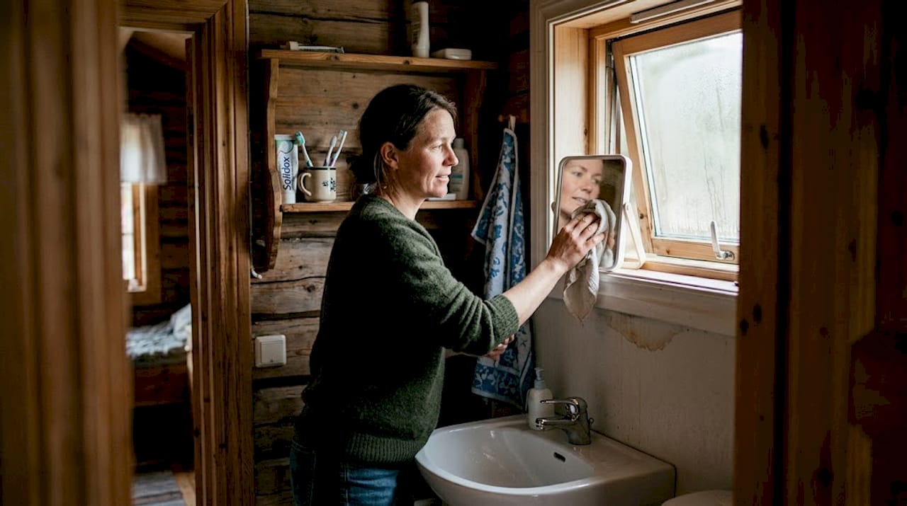 En kvinne tørker dugg av speilet på badet i en koselig tømmerhytte.