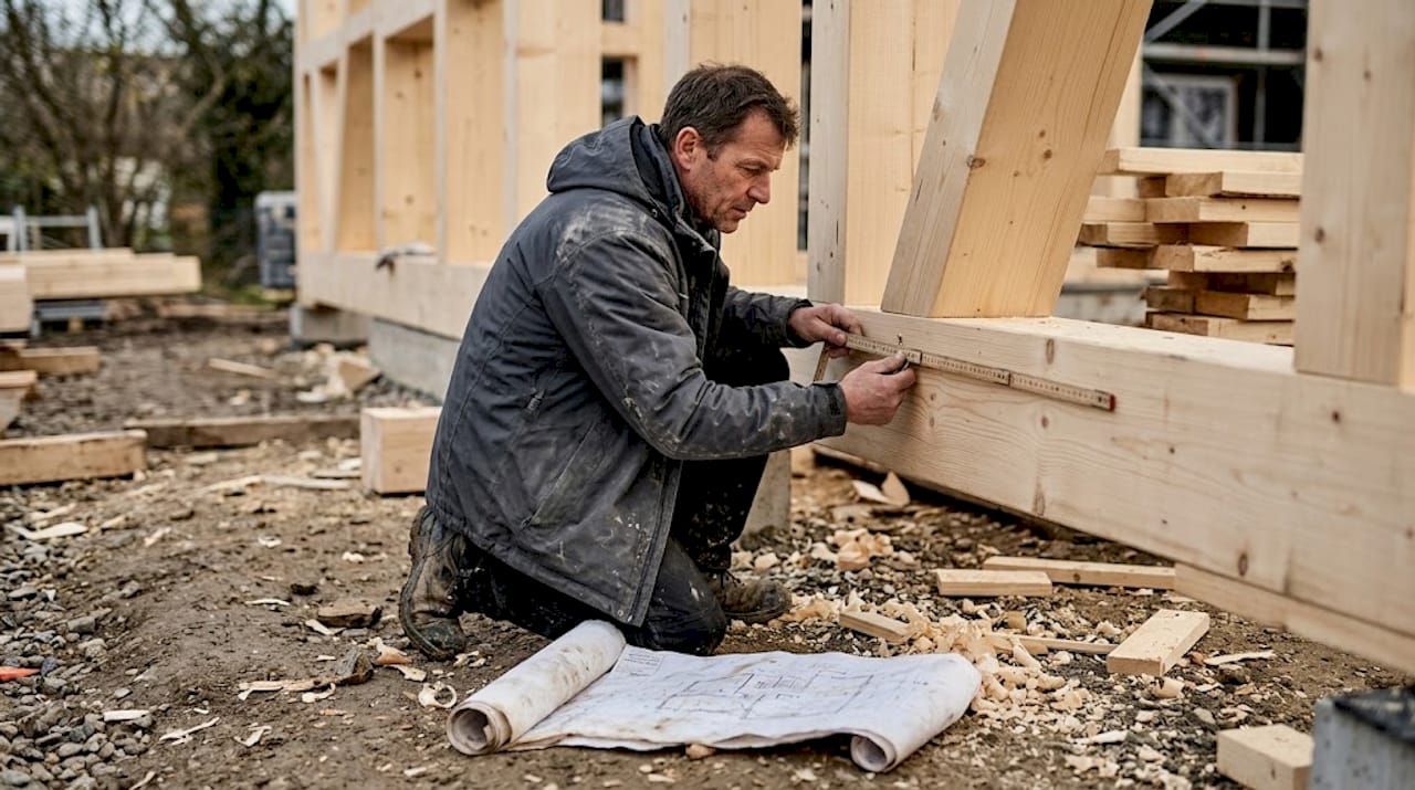 Ein Bauleiter nimmt Maß an einem tragenden Fichtenbalken.