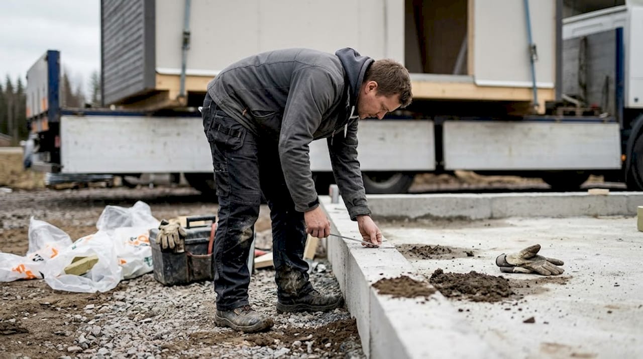 En snekker er i gang med å sette opp en ferdig modul til hytta på tomta.