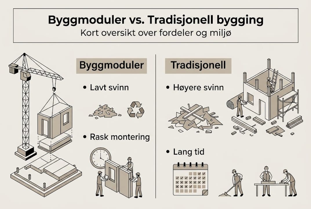 I denne infografikken får du et tydelig bilde av forskjellene mellom modulbygg og tradisjonelle byggemetoder.