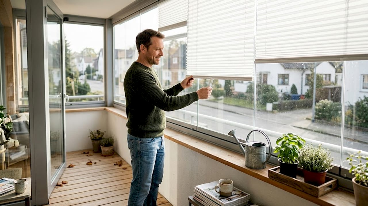 Mies vetää parvekkeella kaihtimia alas auringon paistaessa.