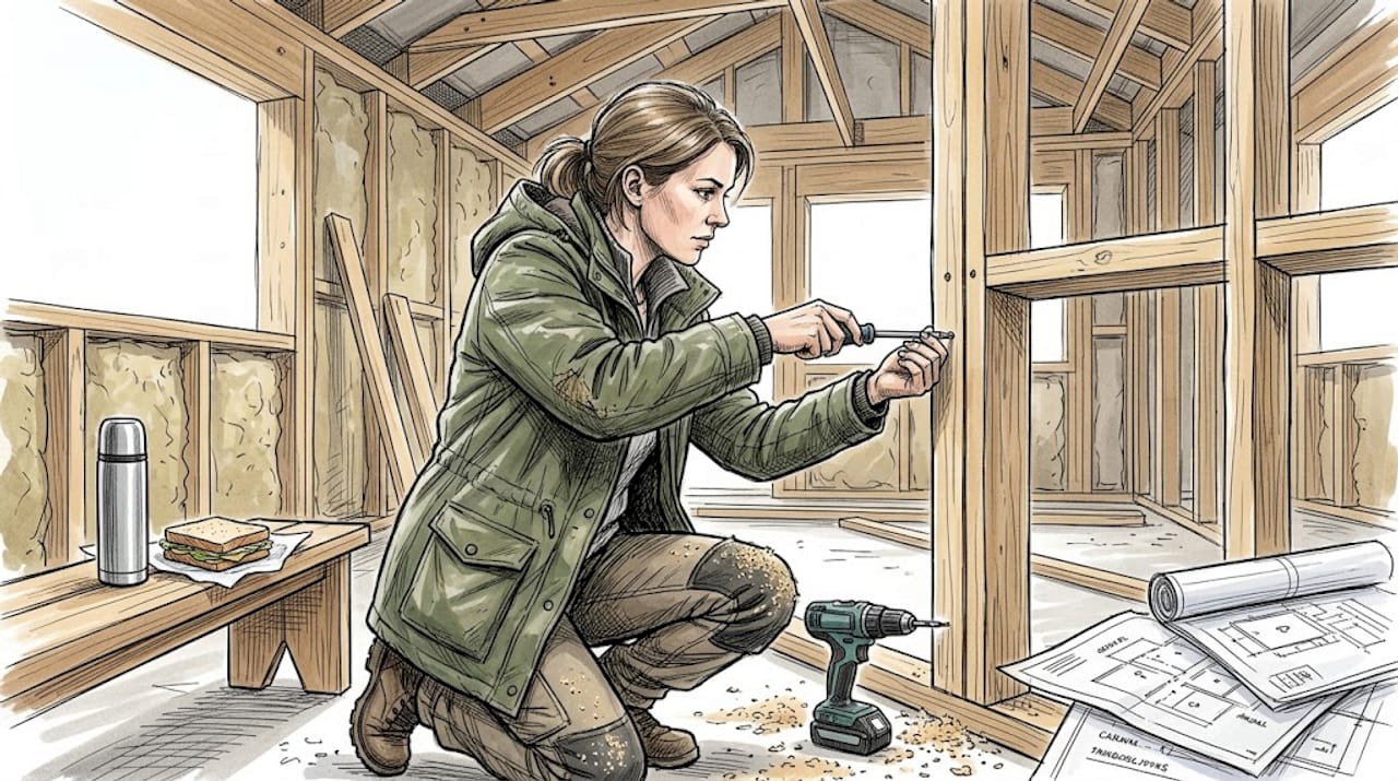 Nainen kokoaa paikan päällä hirsitalon runkoa.