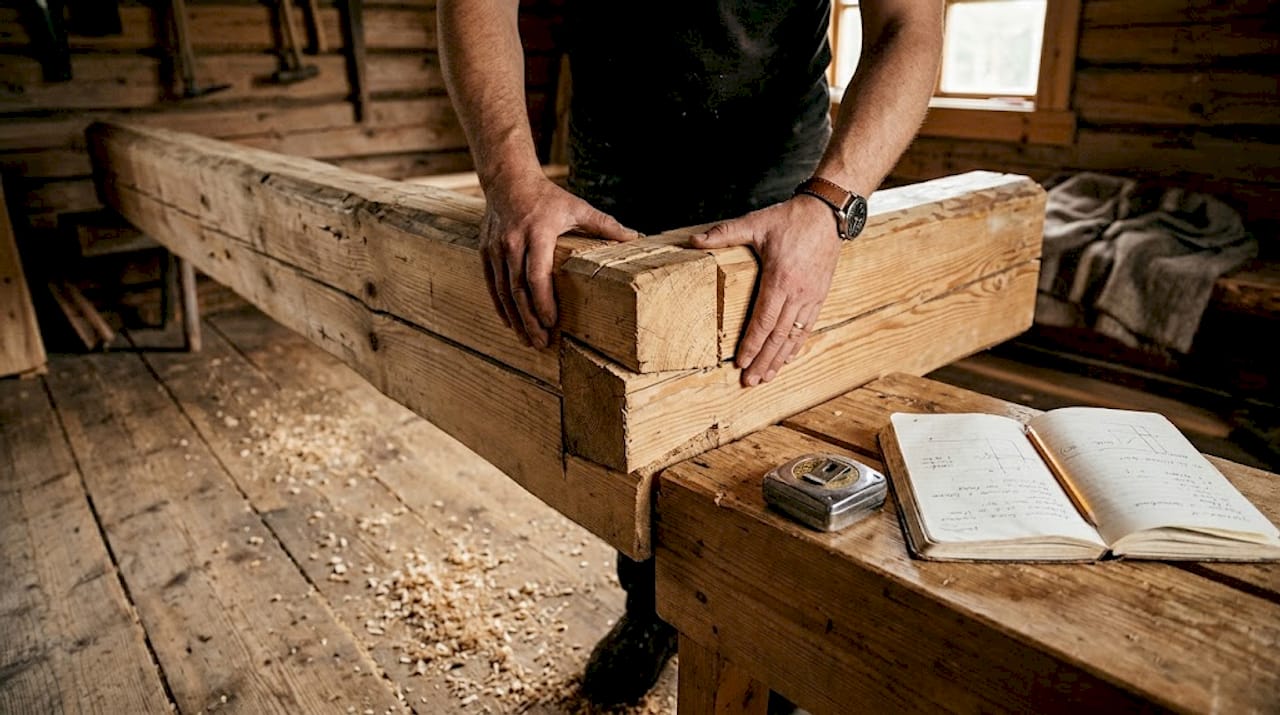 Craftsman checks joinery in log home interior