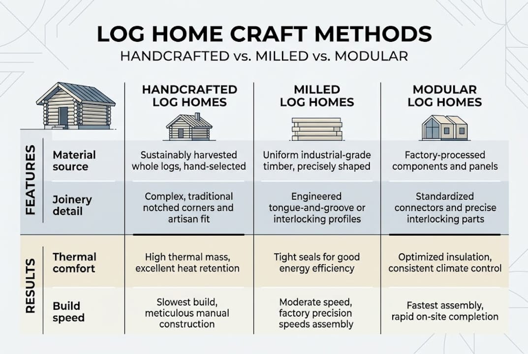Infographic comparing log home construction methods