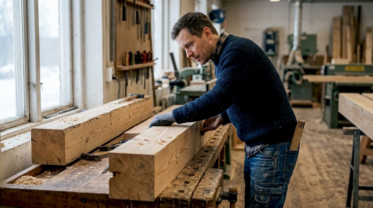 Detaljbild på en hantverkare som noggrant inspekterar en träbjälke.