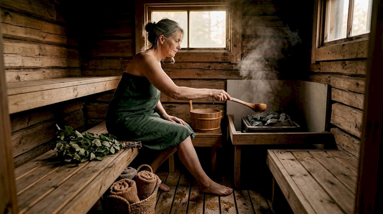 Eine Frau genießt entspannte Momente in einer finnischen Holzsauna mit nachhaltigem Konzept.
