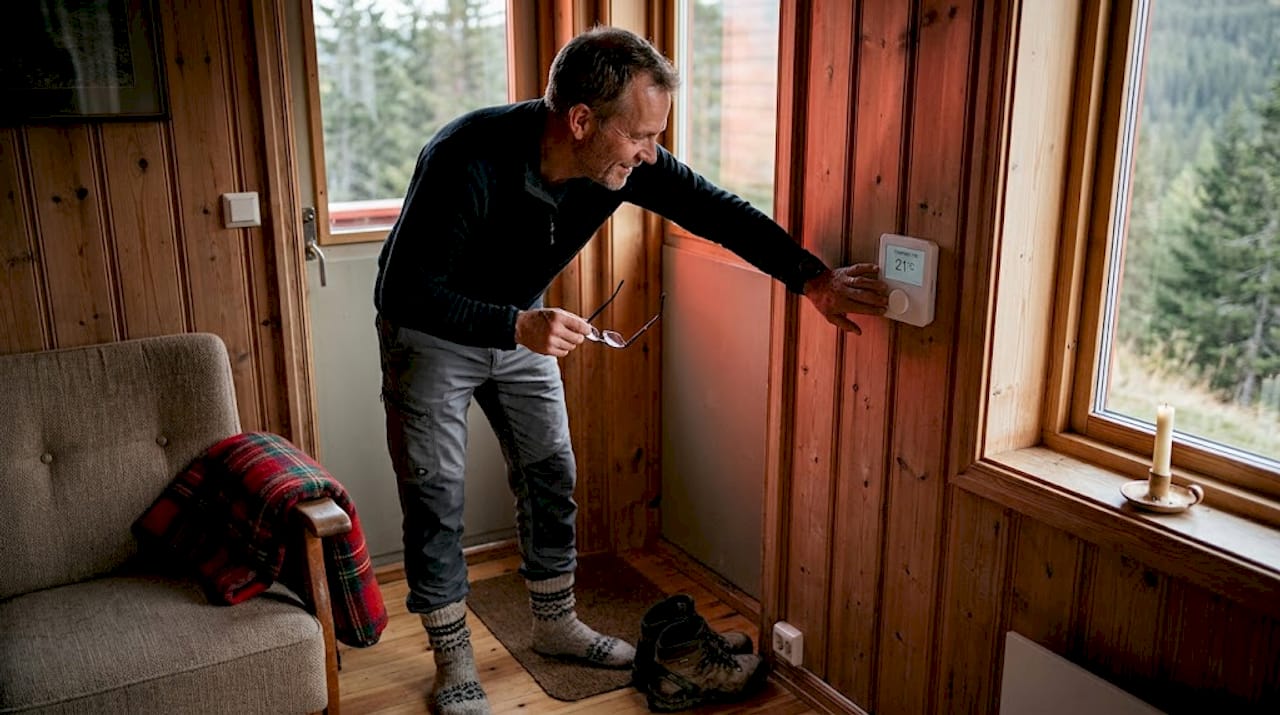 En mann justerer temperaturen på termostaten i en hytte han bor i.