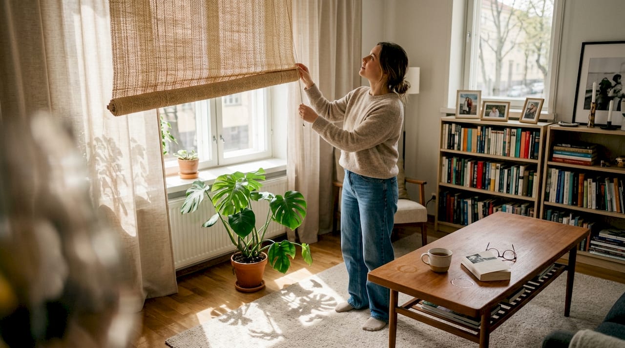 Nainen säätää aurinkosuojaa valoisassa helsinkiläisessä olohuoneessa.