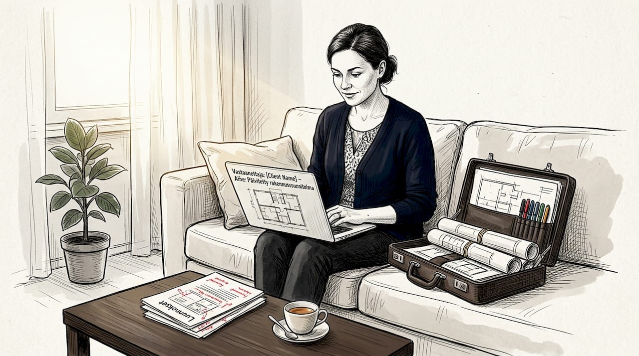 Arkkitehti lähettää rakennuspiirustuksiaan eteenpäin sähköpostilla kotinsa olohuoneesta käsin.