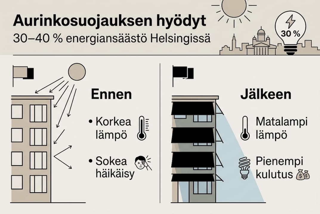 Aurinkosuojauksen tuomat säästöt Helsingissä – havainnollistava infografiikka