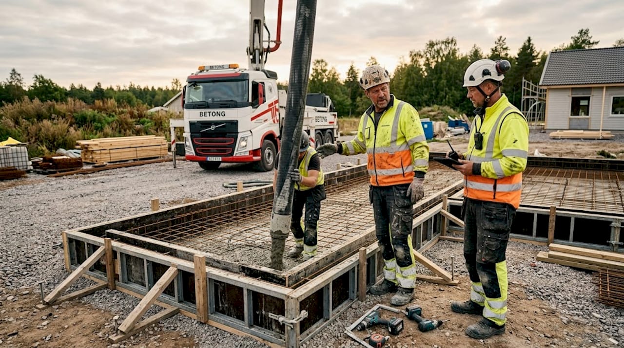 På byggplatsen håller arbetarna på att gjuta en betongplatta.