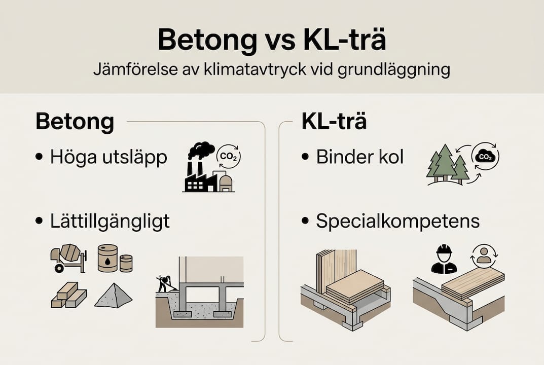 En överskådlig infografik som jämför betong och KL-trä vid grundläggning