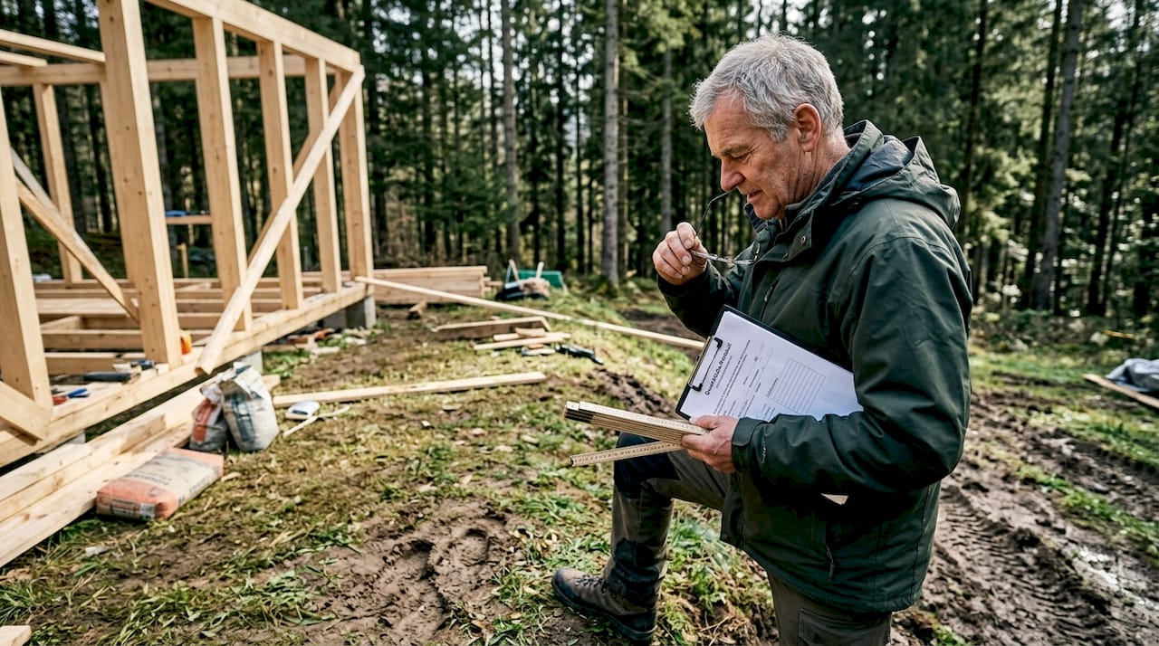 Ein Mann steht mit einem Klemmbrett an einer Holzbaustelle im Wald und prüft die Arbeiten.
