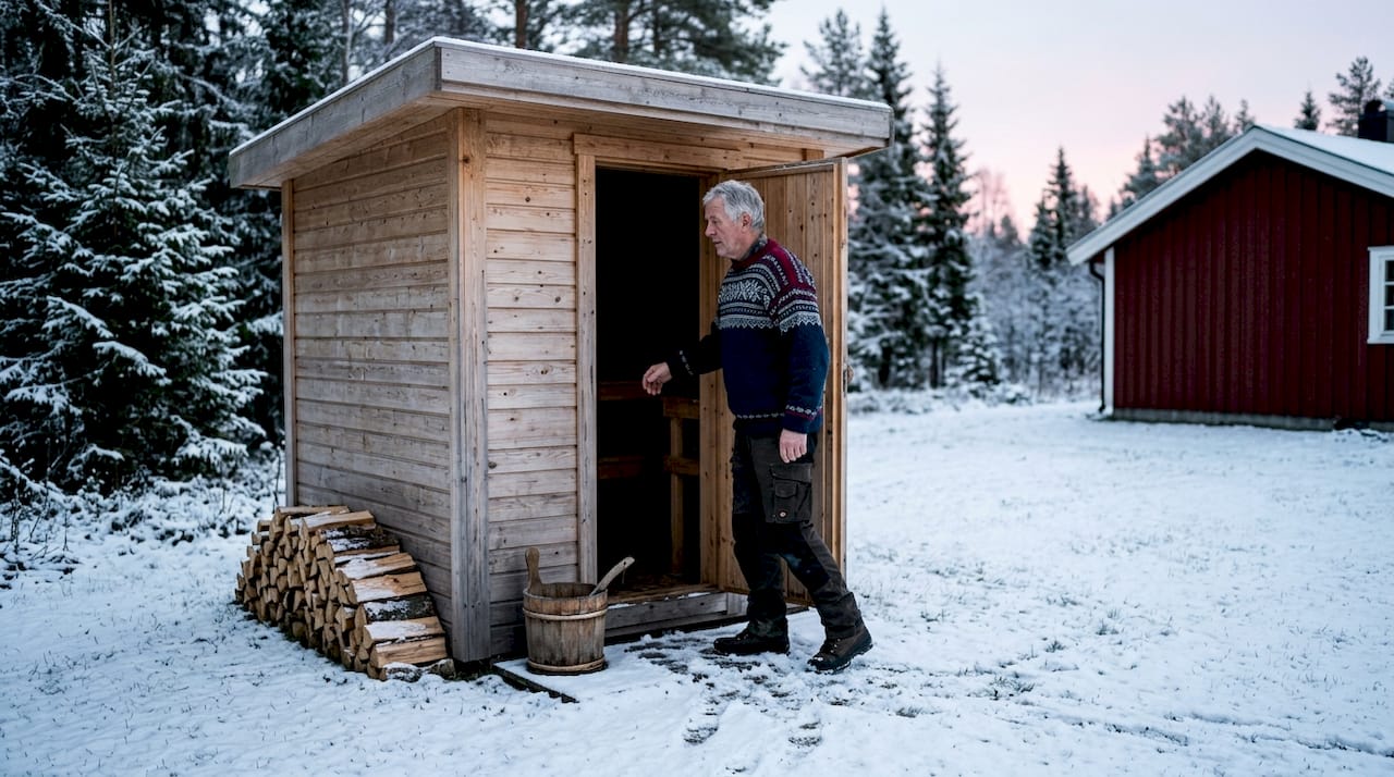 En mann åpner døren til en modulær badstue en kald vinterdag.