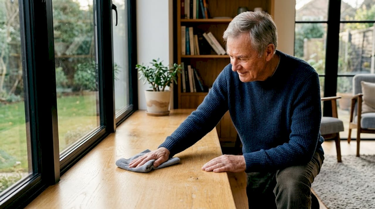 Ein Bewohner einer modernen Villa kümmert sich sorgfältig um die Pflege seiner Holzfensterbank.