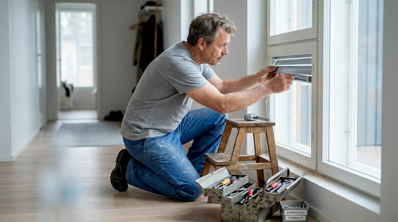Asentaja kiinnittää alumiiniritilän ikkunaan kotona.