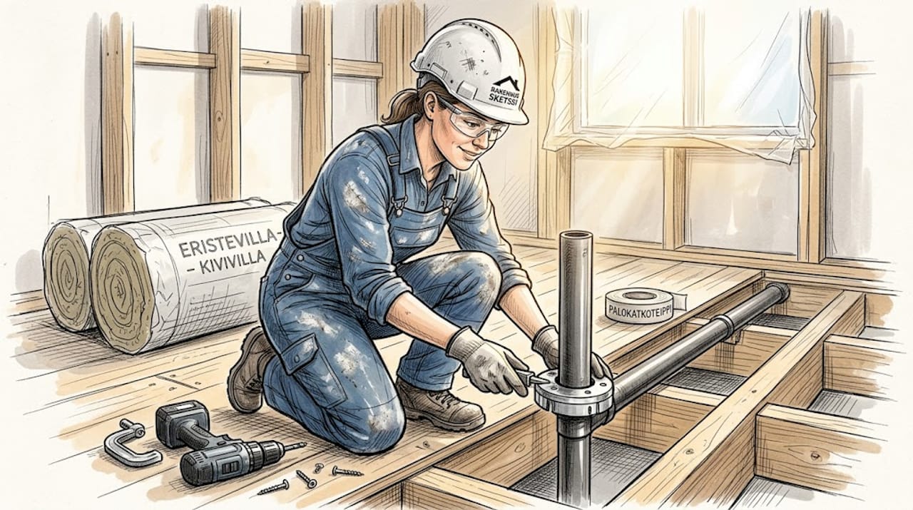 Asentaja tekee palokatkotyötä puisen välipohjan rakenteisiin.