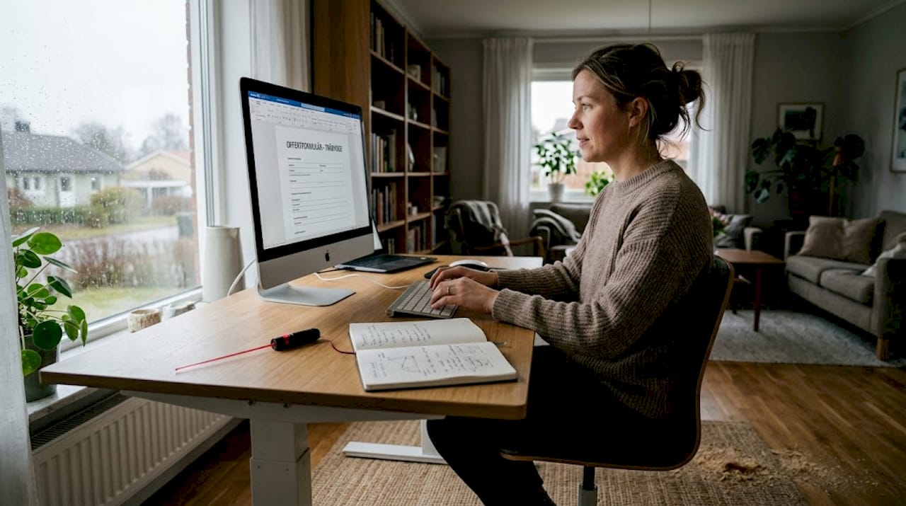 Kvinna sitter hemma och fyller i ett offertformulär på datorn