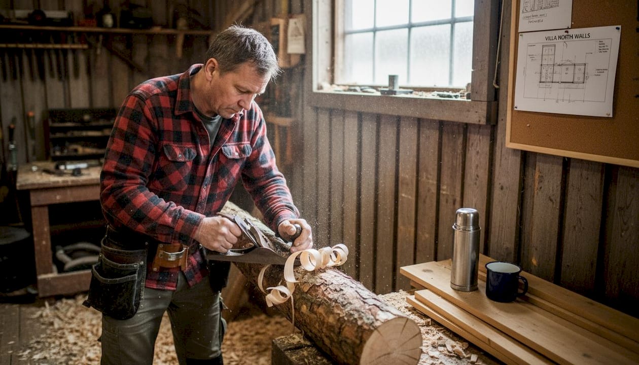 Carpenter shaping timber log for villa wall