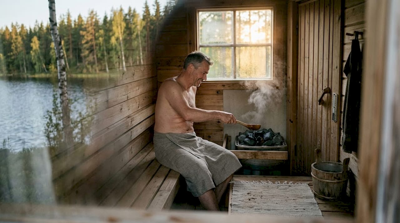 Ein Mann genießt die traditionelle Holzsauna am See.