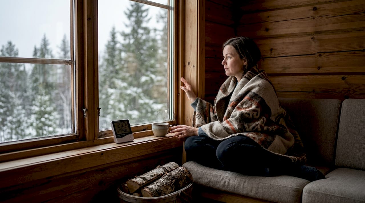 En kvinne sjekker etter trekk rundt vinduet i tømmerhytta.