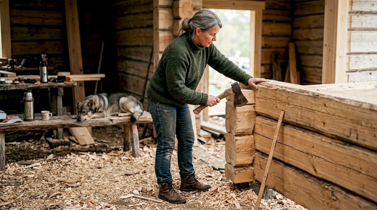 En kvinna snickrar knuttimrade väggar inne i sin stuga.