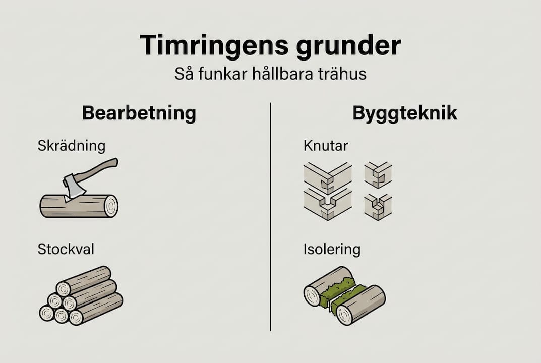 Illustration som förklarar grunderna och de vanligaste teknikerna inom timring