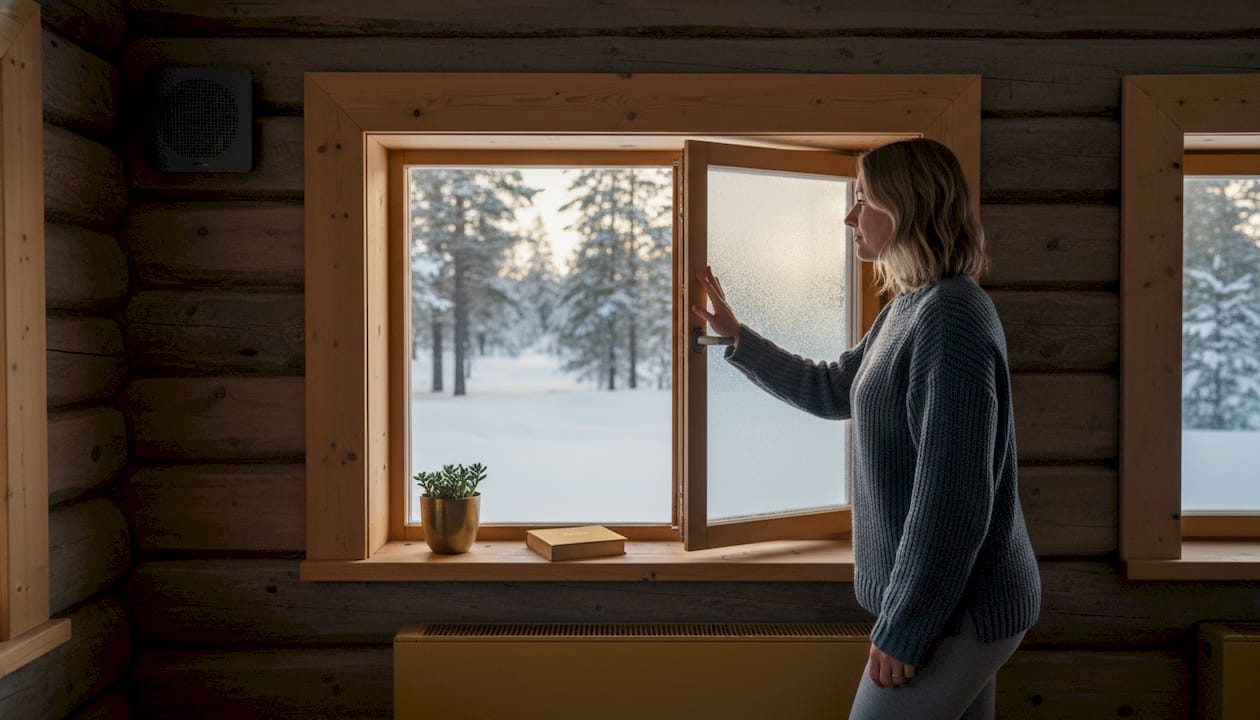 En kvinna ser till att vädra sitt timmerhus under vintern för att få frisk luft och förebygga fukt.