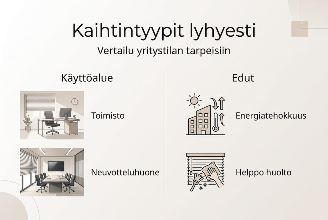 Yritystiloihin sopivien kaihdinvaihtoehtojen vertailu – havainnollistava infografiikka