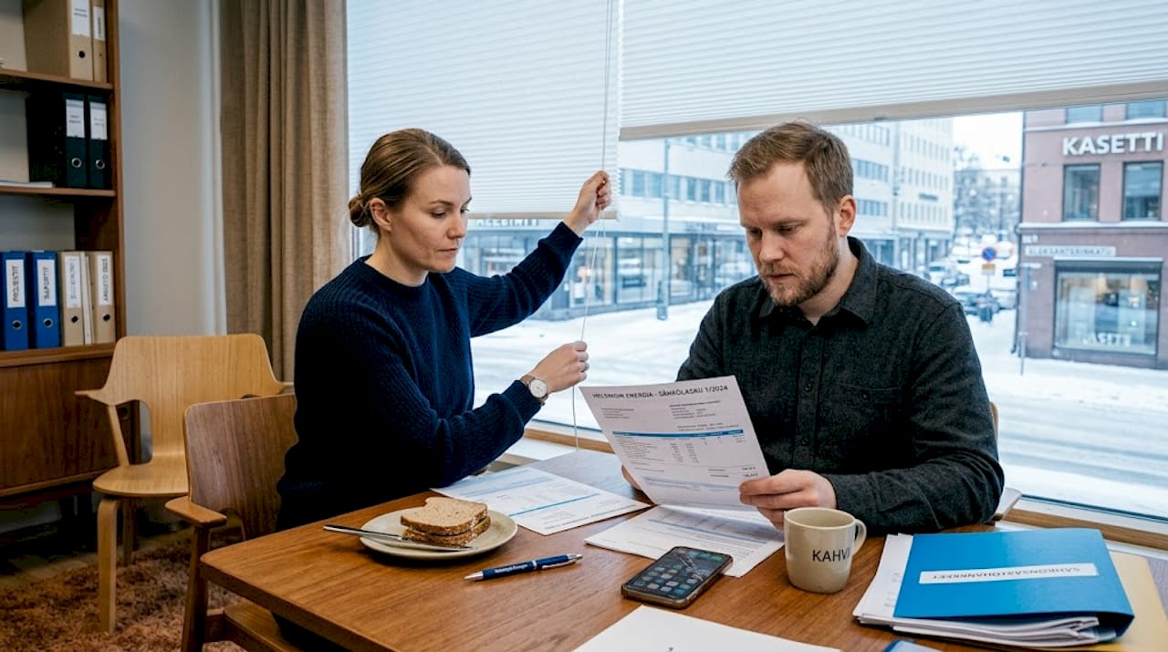 Toimistolla työntekijät säätävät sälekaihtimia ja tarkastelevat sähkölaskua yhdessä.