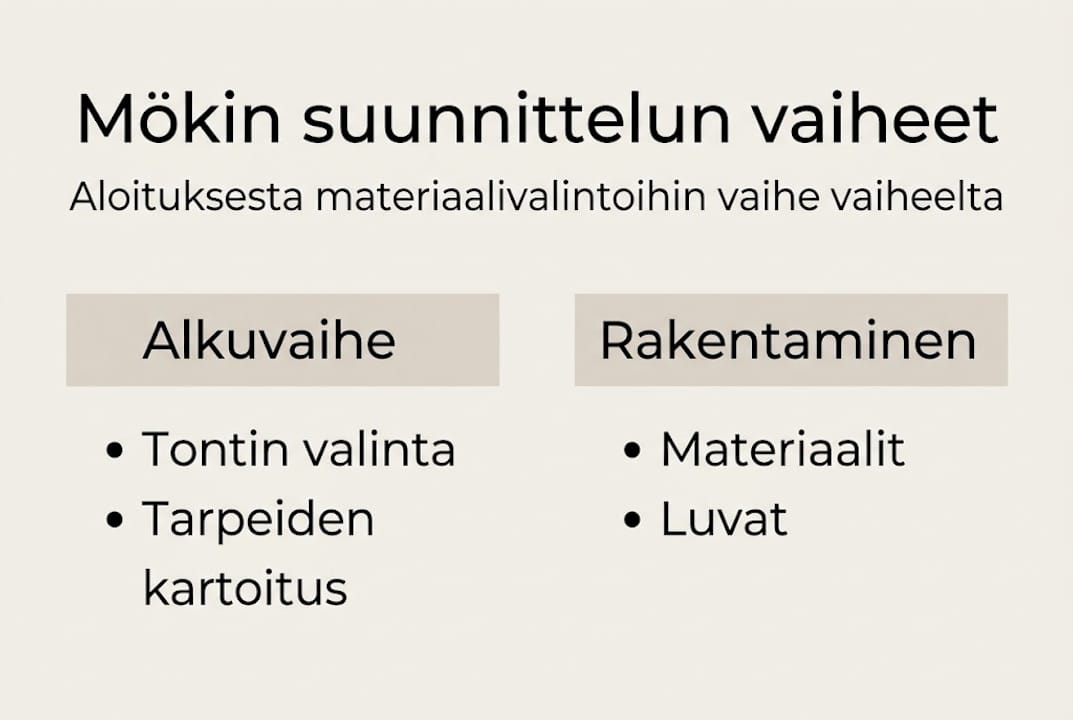 Kaavio mökin suunnittelun ja rakentamisen eri vaiheista