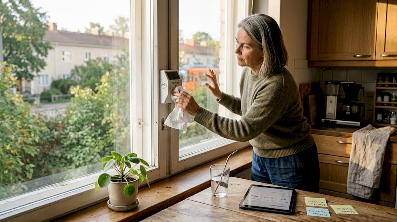 Nainen putsaa aurinkosuojalaitteen anturia huolellisesti.