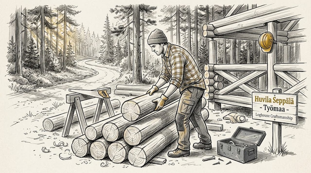 Rakennustyömaalla puuseppä latoo tukkeja siistiin pinoon.